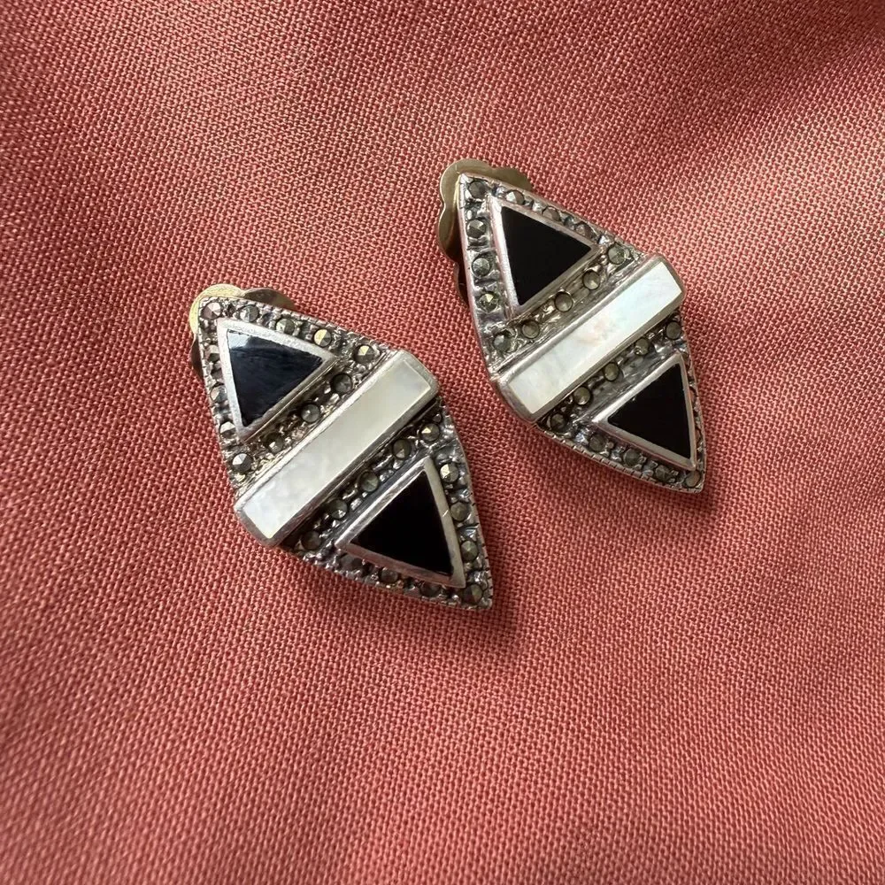 Vintage Art Deco Sterling silver Onyx Mother of Pearl and Marcasite Clip-on Earr